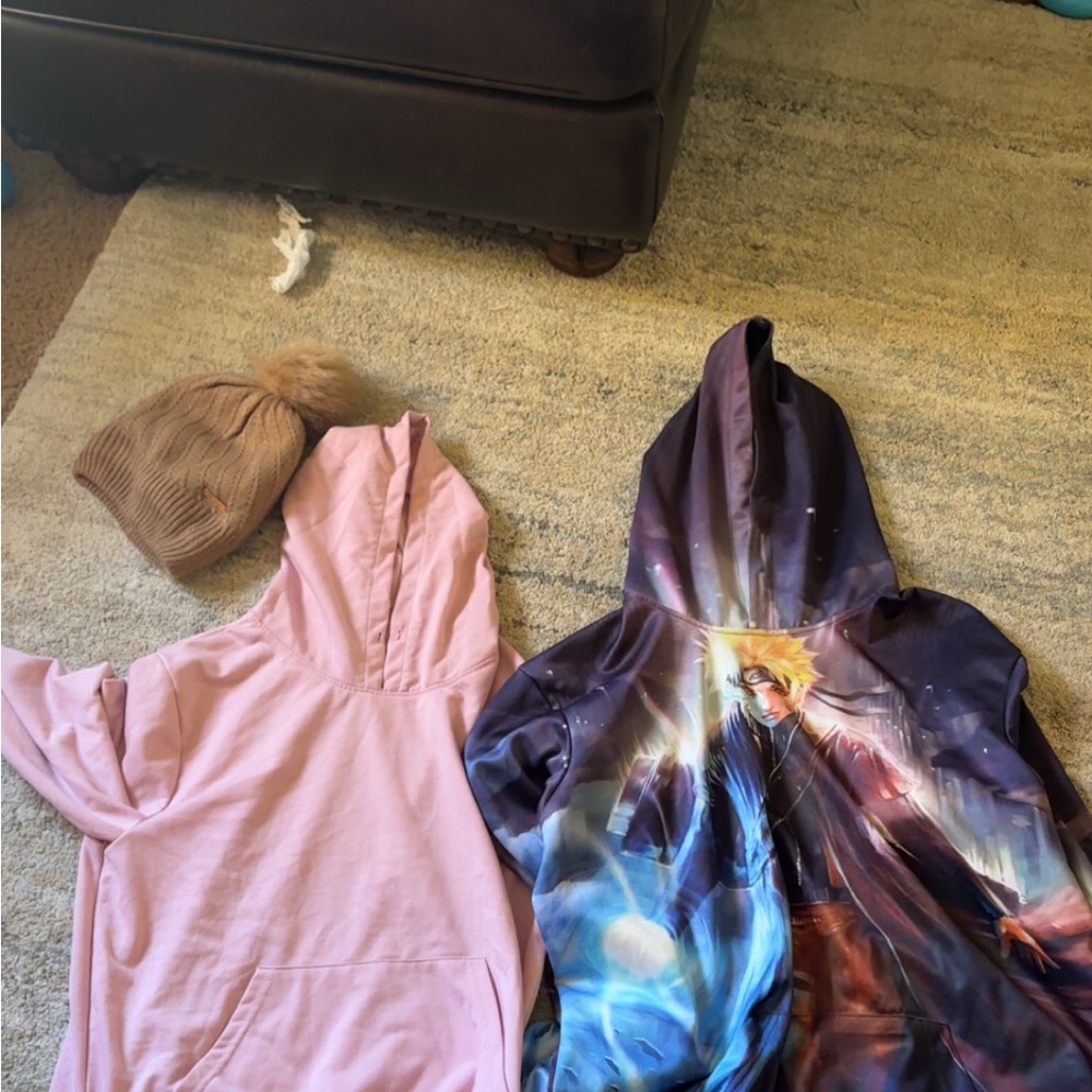 Beanie and Anime Graphic Hoodie and Pink Hoodie Set